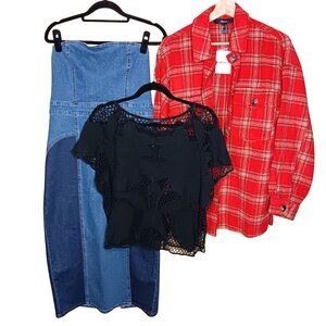 Forever 21 Bundle Plaid Flannel Shacket Tube Top Denim Patchwork Midi Dress Knit